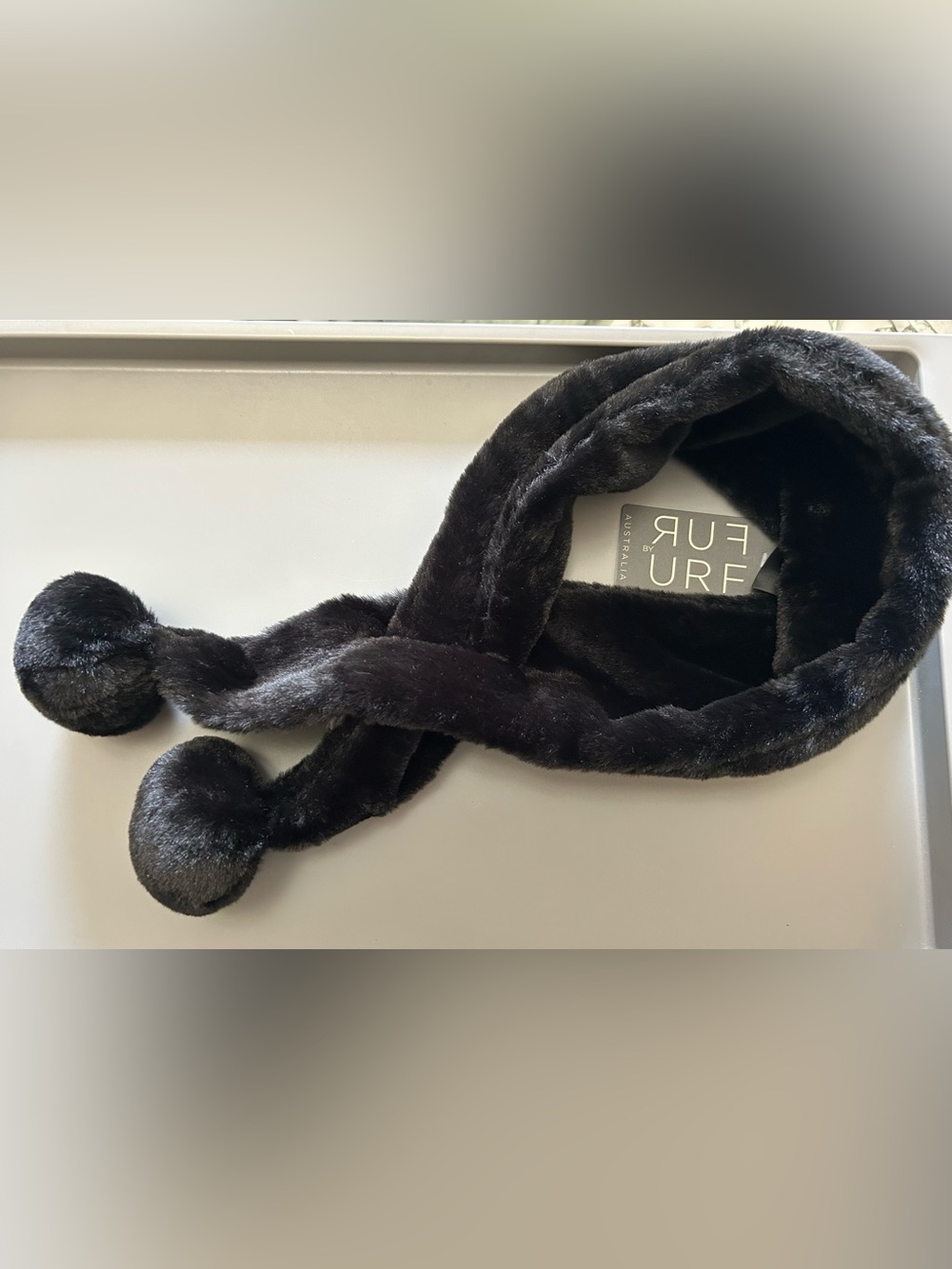 Plush Black Faux-Fur Pom-Trim Scarf